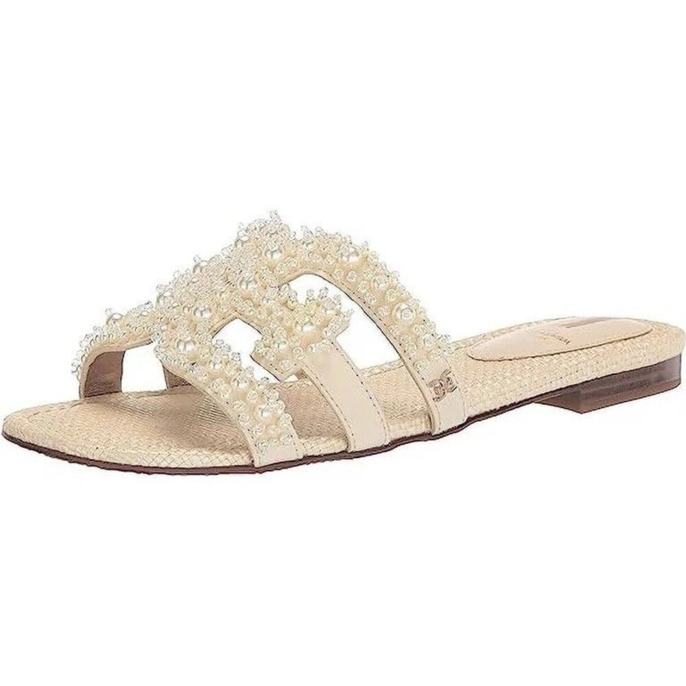 Sam Edelman Women’s Ivory Slide Sandals Pearl Beaded Straps US 7.5 M